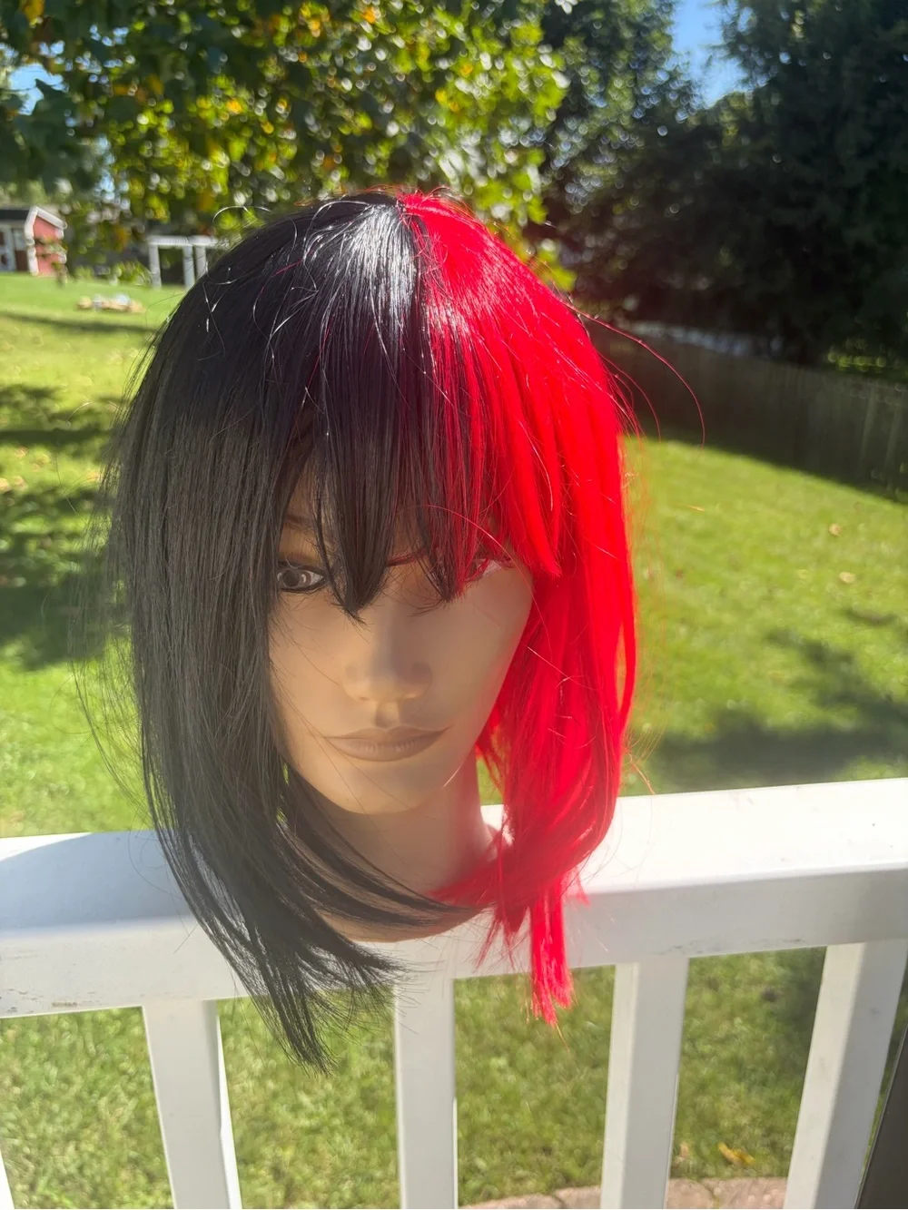 Split half red & half black synthetic angled straight bob wig with bangs